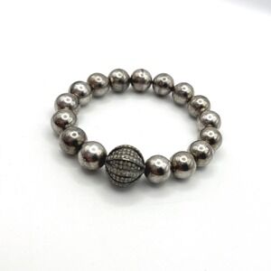 Silver Tone Round Bead Stretch Bracelet with Textured Focal Bead 5.5 Inch